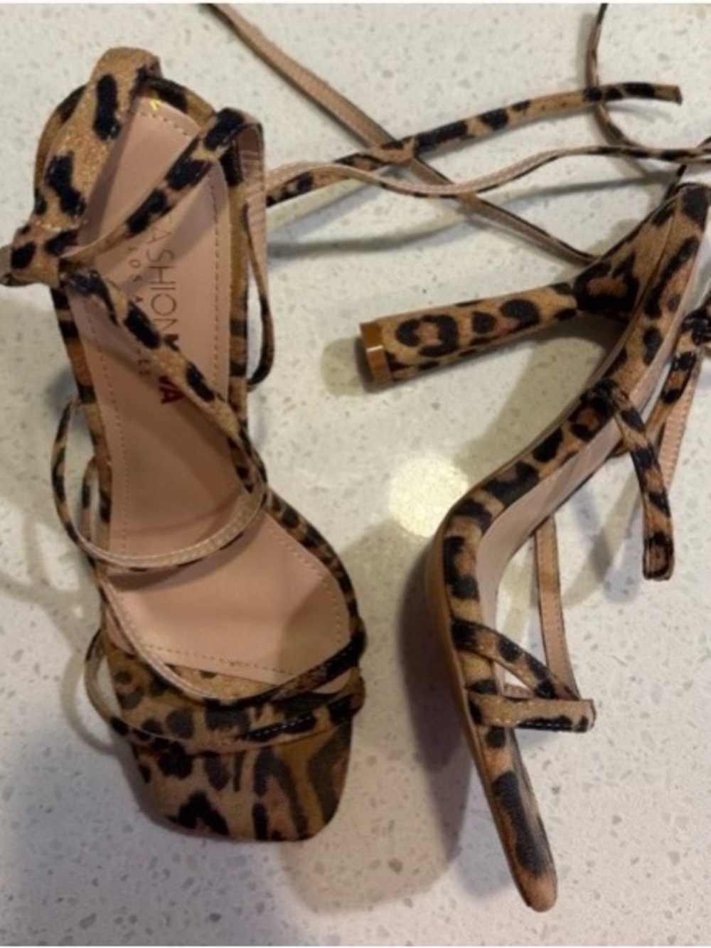 Leopard Print Strappy Platform Heels - Women